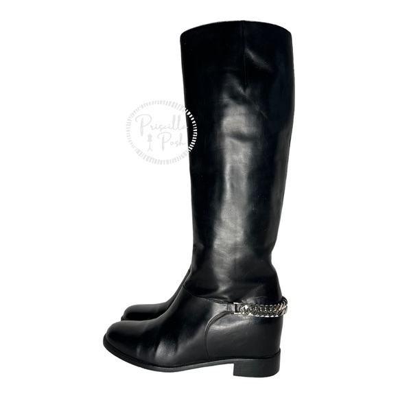 SOLD Christian Louboutin Black Leather Knee High Silver Chain Riding Boots 37 - Picture 10 of 16